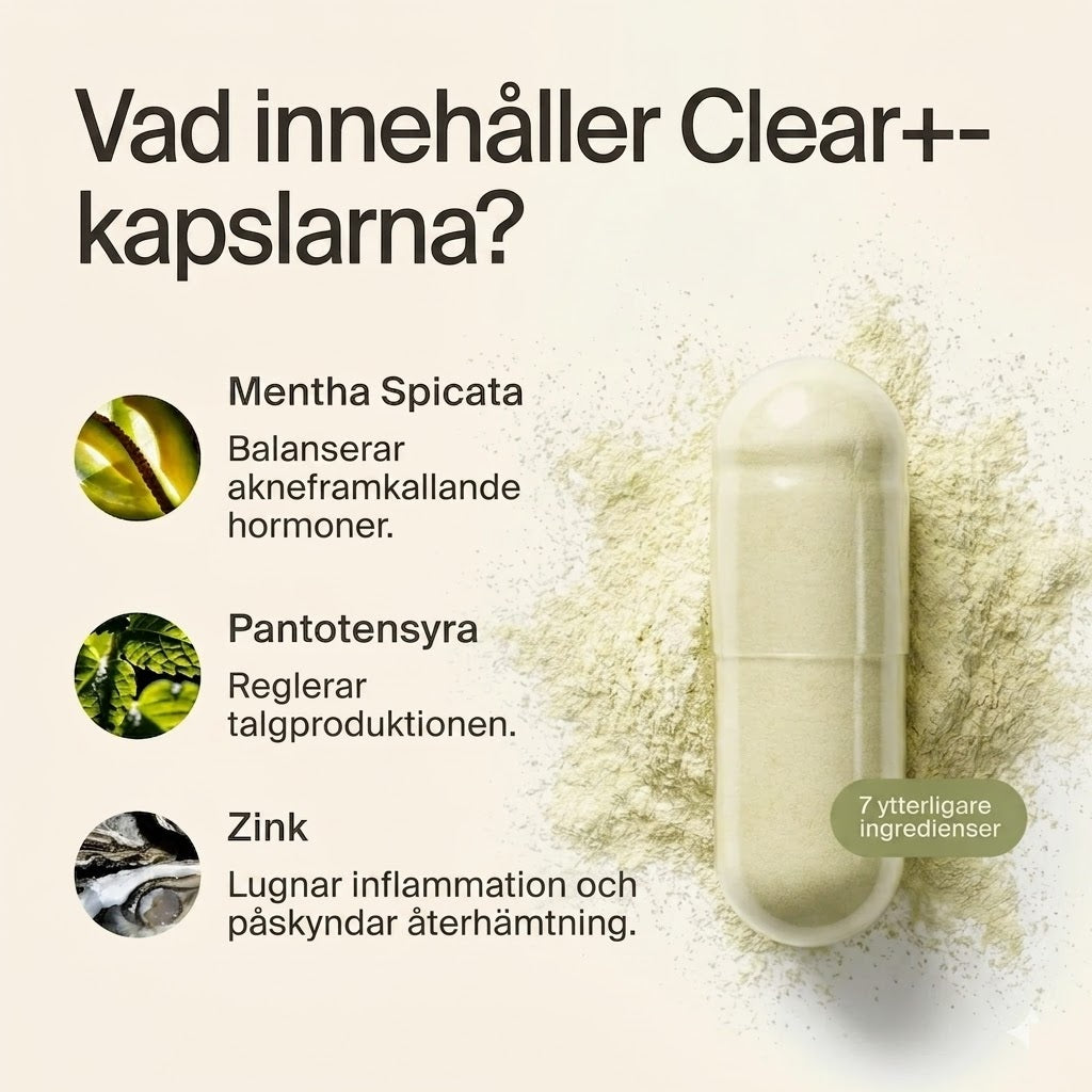 Clear+| 100 % naturligt stöd för hud som är benägen att få finnar.