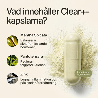 Clear+| 100 % naturligt stöd för hud som är benägen att få finnar.