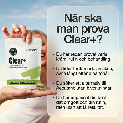 Clear+| 100 % naturligt stöd för hud som är benägen att få finnar.